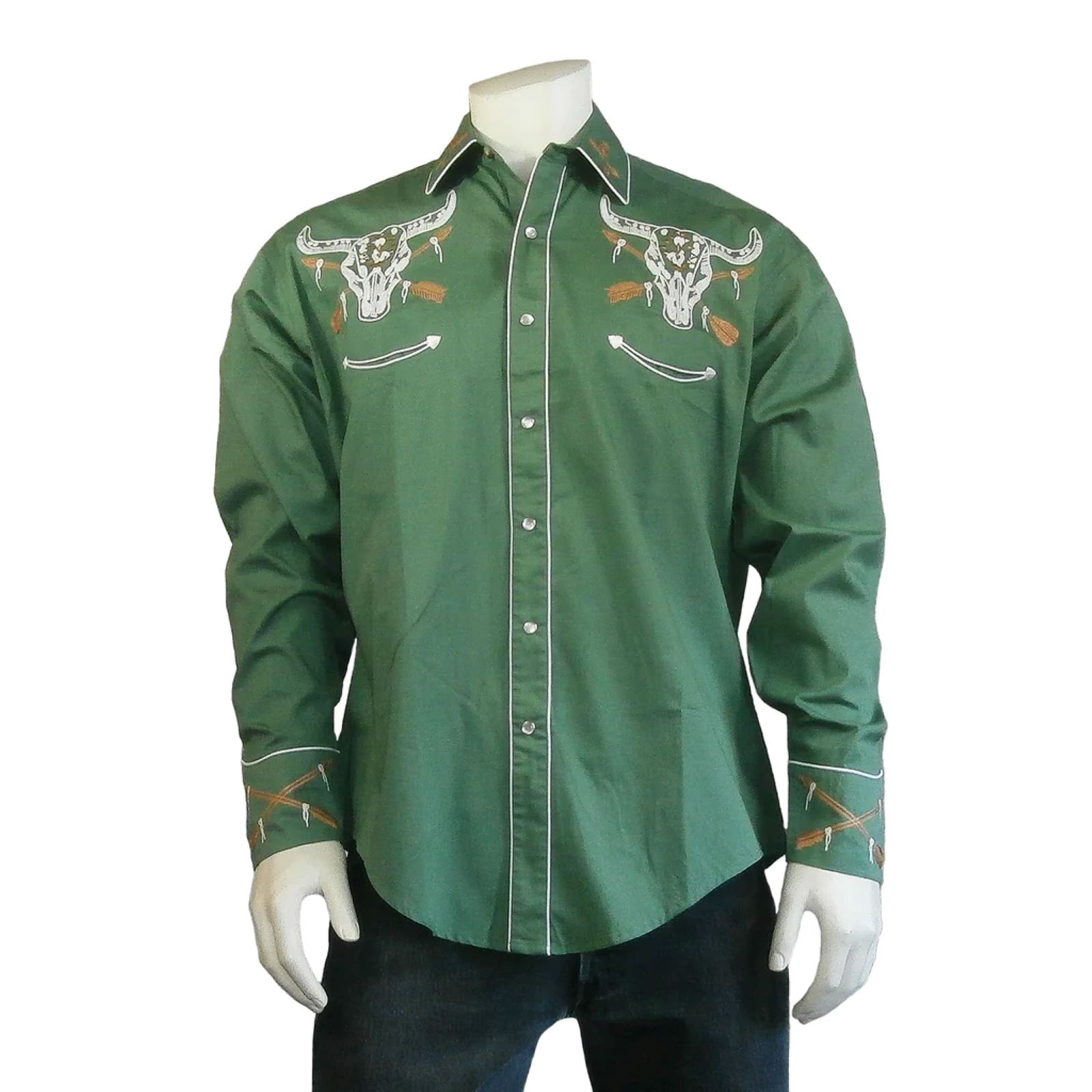 Men’s Vintage Denim Steer Skull & Arrow Chain Stitch Embroidery Western  Shirt -Green